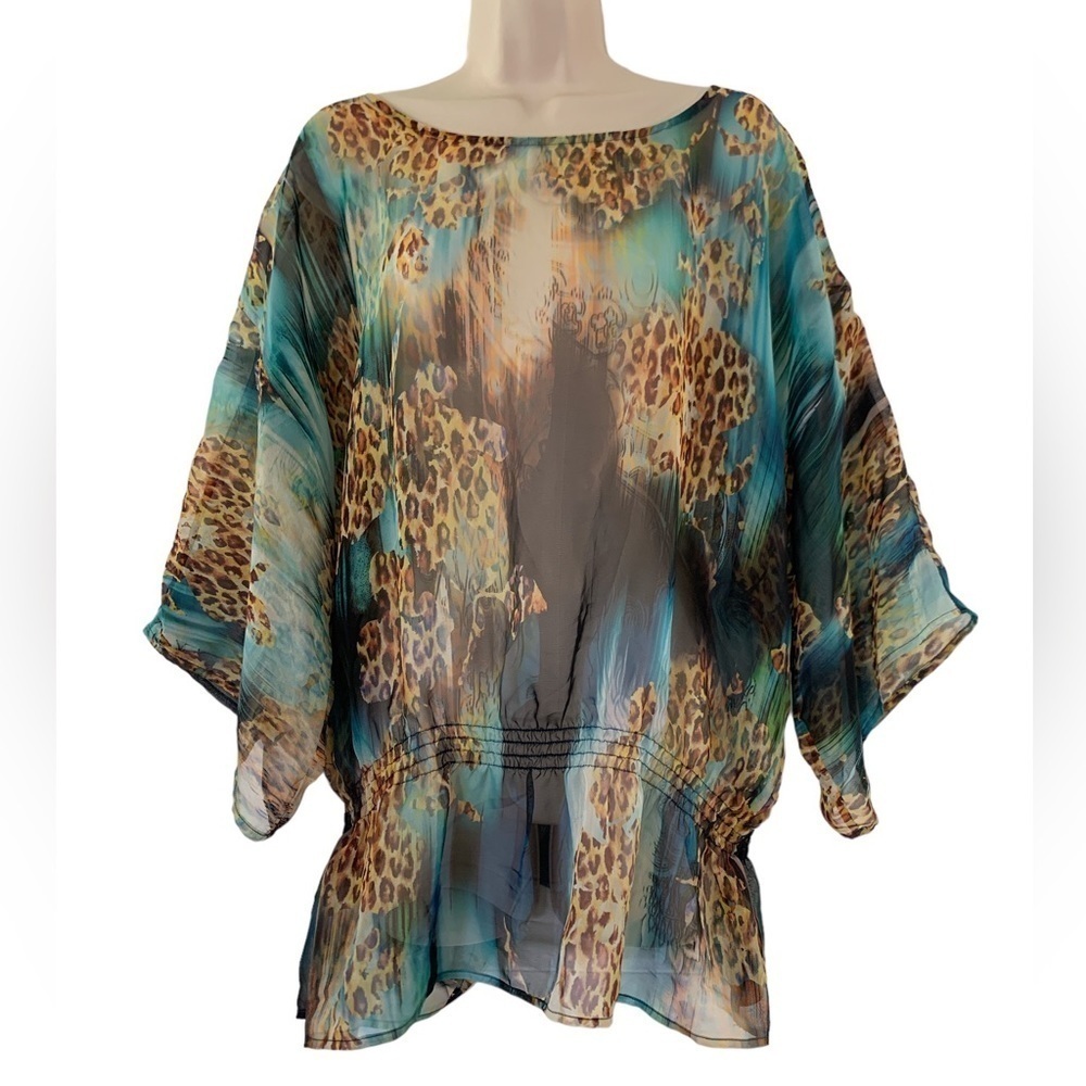 CHICO'S Animal Print Teal Blue Peplum Sheer Top